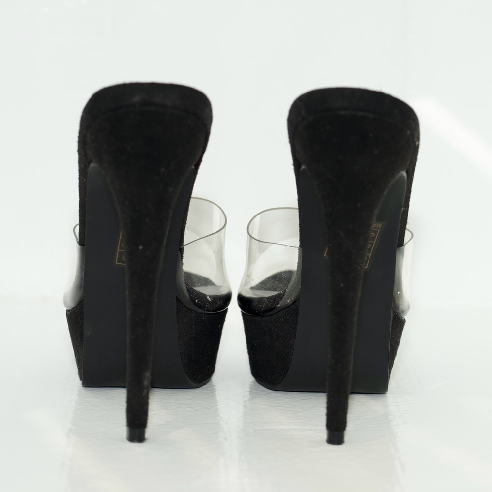 Pretty Little Thing BLACK HIGH PLATFORM CLEAR MULE SANDALS Suede PVC Size UK 6 - Picture 5 of 16